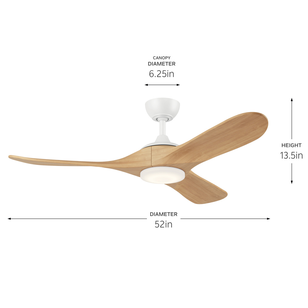 52 in Mylo Ceiling Fan with Satin Etch Cased Opal Glass in Matte White with White Maple Wood Blades