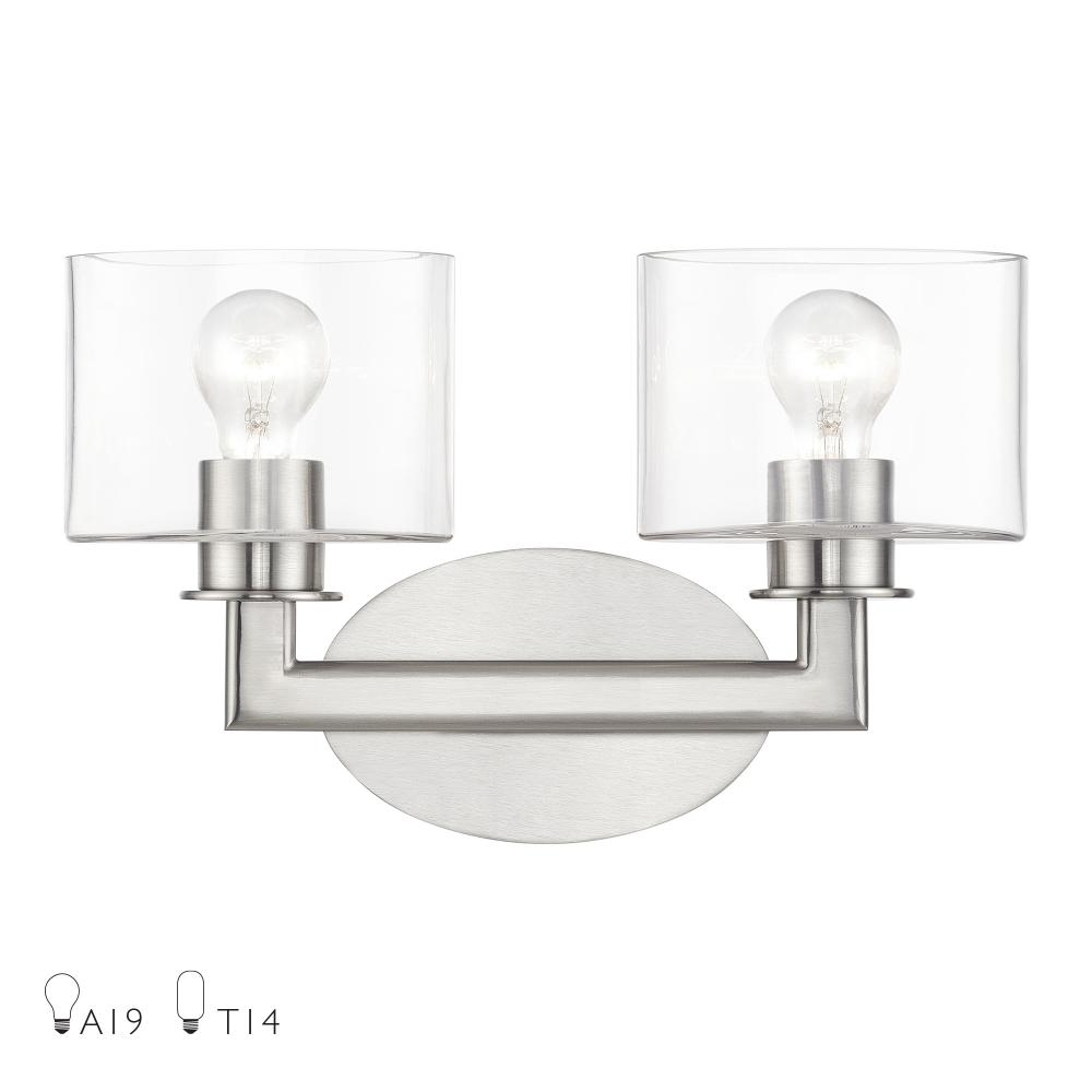 2 Light Brushed Nickel Vanity Sconce with Mouth Blown Clear Glass