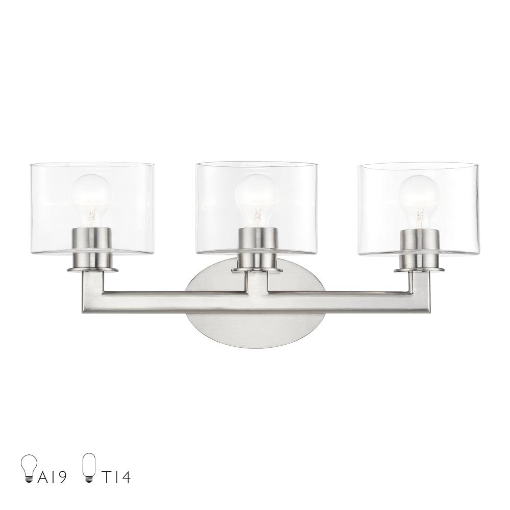 3 Light Brushed Nickel Vanity Sconce with Mouth Blown Clear Glass