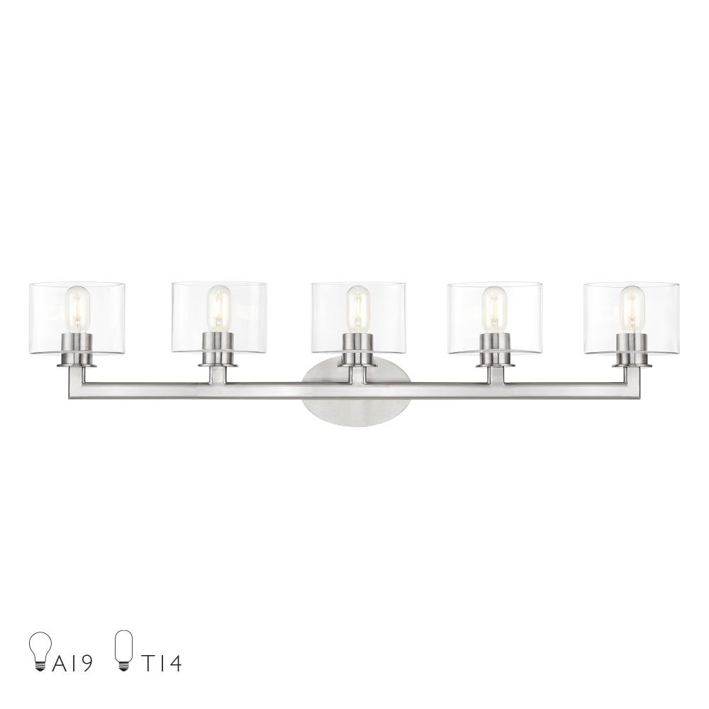 5 Light Brushed Nickel. Extra Large Vanity Sconce with Mouth Blown Clear Glass