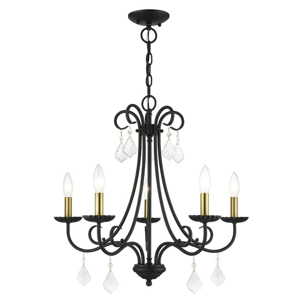 5 Light Black Chandelier with Antique Brass Finish Accents and Clear Crystals