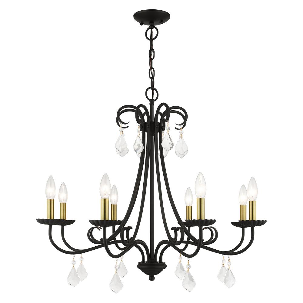 8 Light Black Large Chandelier with Antique Brass Finish Accents and Clear Crystals