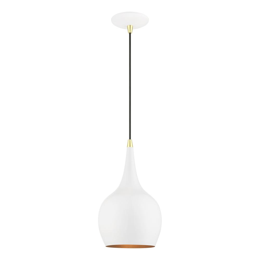 1 Light Shiny White with Polished Brass Accents Mini Pendant