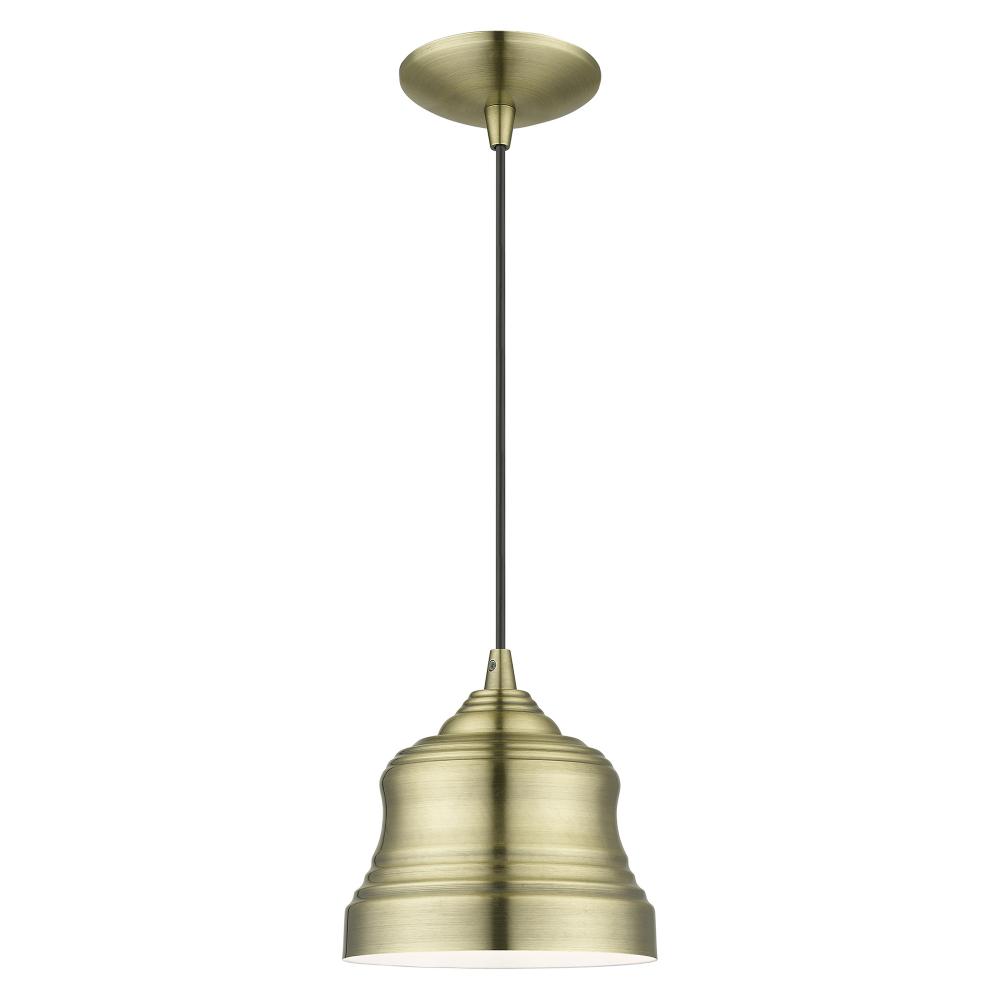 1 Light Antique Brass Mini Bell Pendant with Shiny White Finish Inside