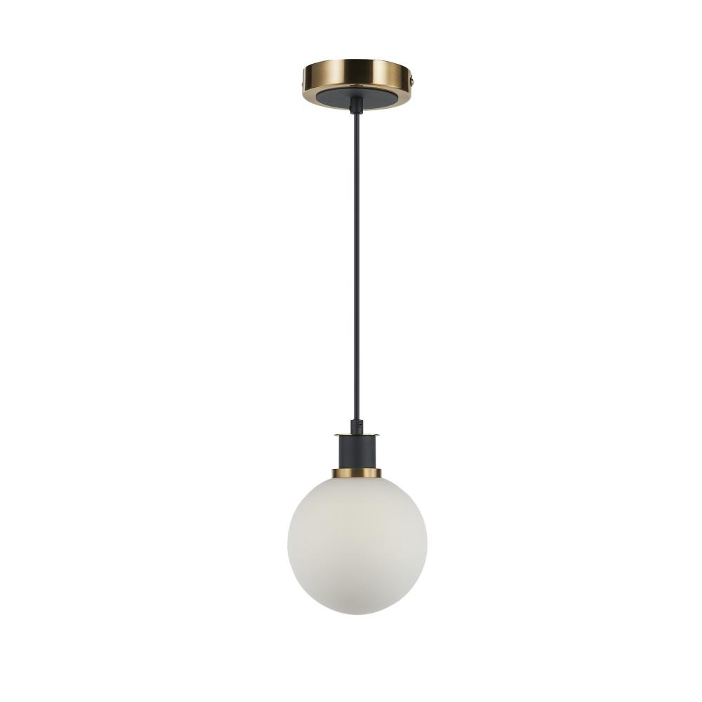 Gem Collection 1-Light Pendant with White Glass Black and Brushed Brass