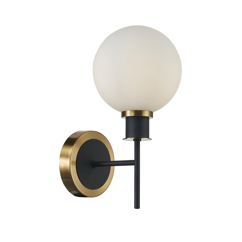 Gem Collection 1-Light Sconce with White Glass Black and Brushed Brass