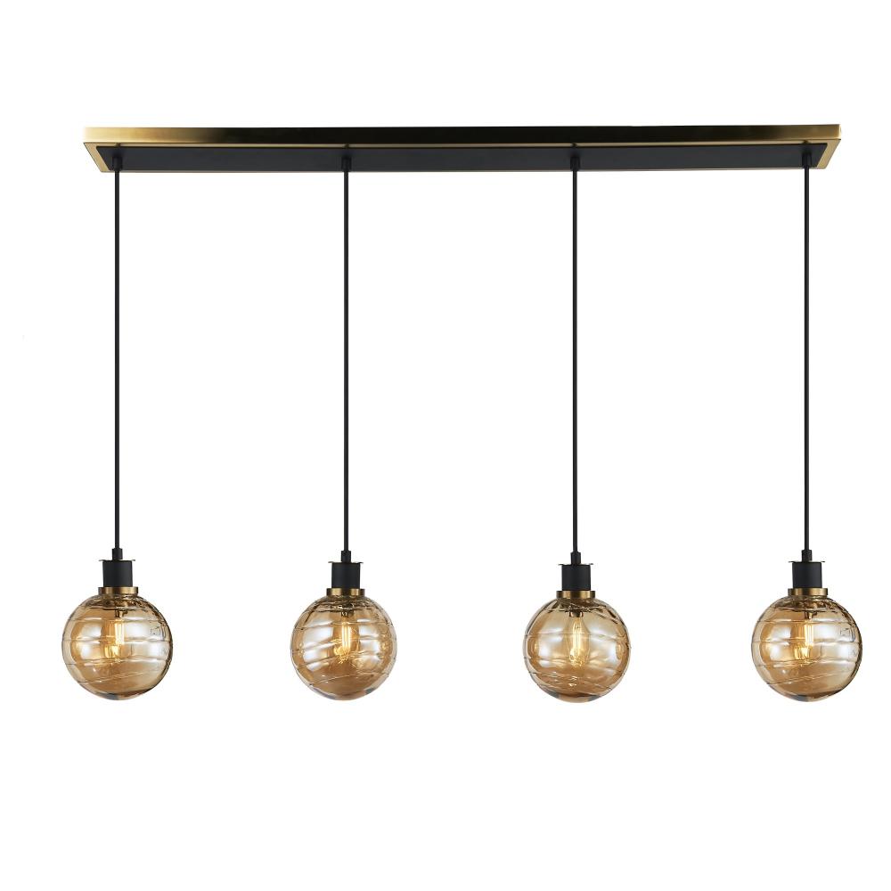 Gem Collection 4-Light Island/Pool Table with Amber Glass Black and Brushed Brass