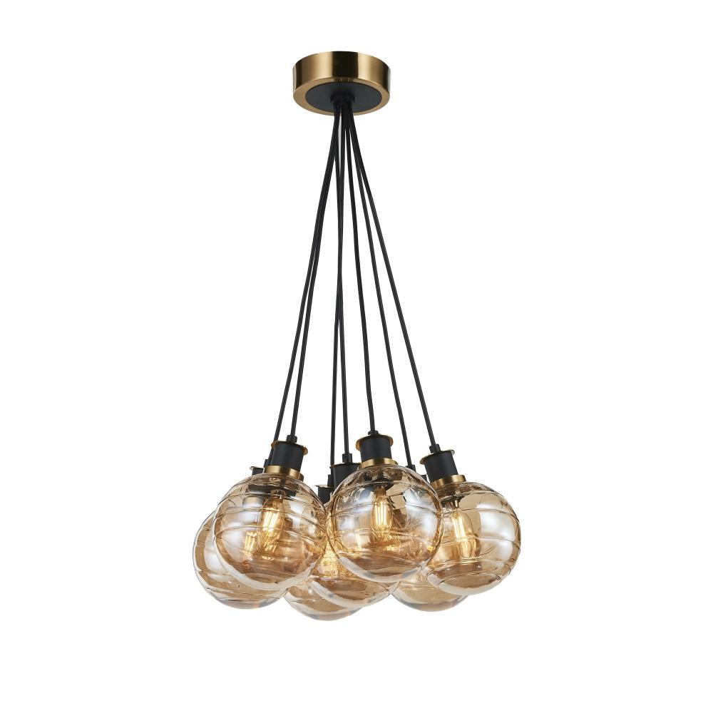 Gem Collection 7-Light Pendant with Amber Glass Black and Brushed Brass