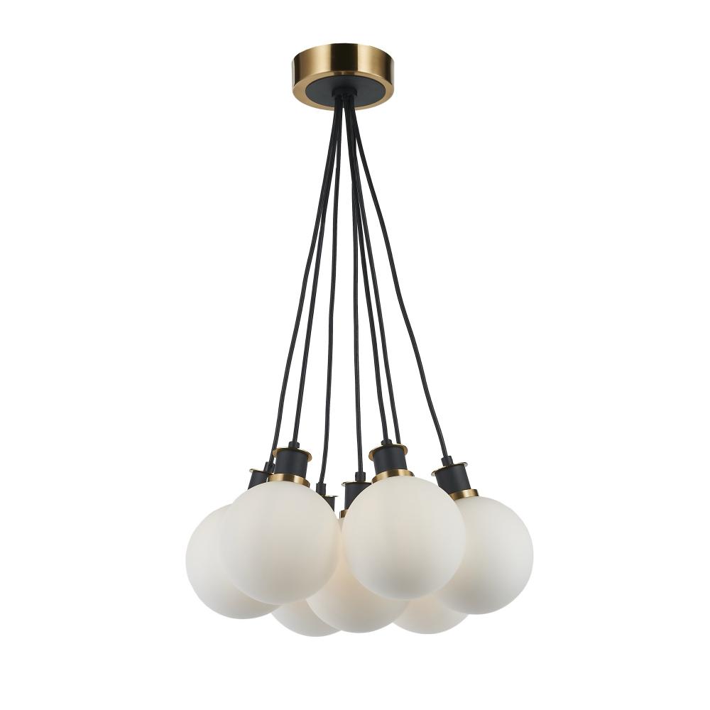 Gem Collection 7-Light Pendant with White Glass Black and Brushed Brass