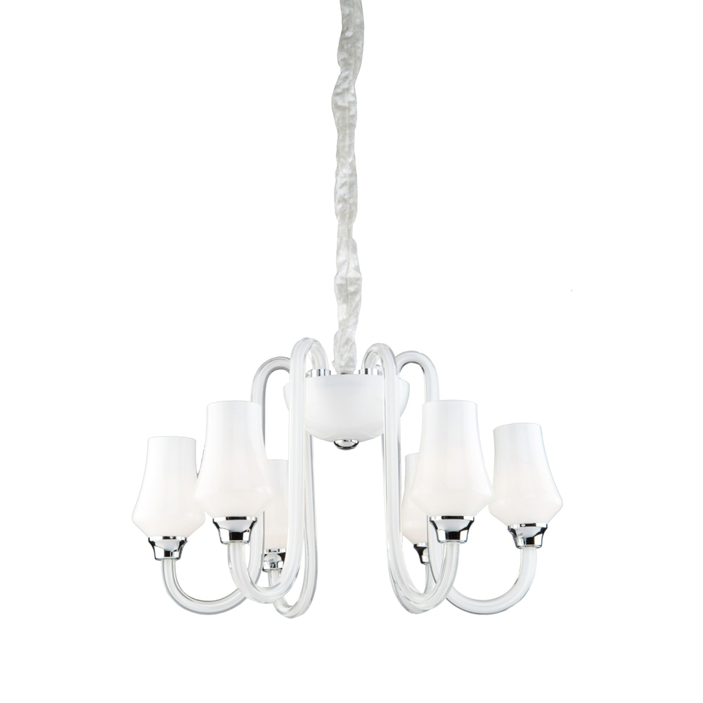 Six Light Milk Frame, Arms And Shade Glass Up Chandelier