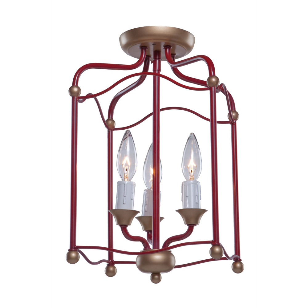 Three Light Dark Red With Gold Accents Foyer Hall Semi-Flush Mount
