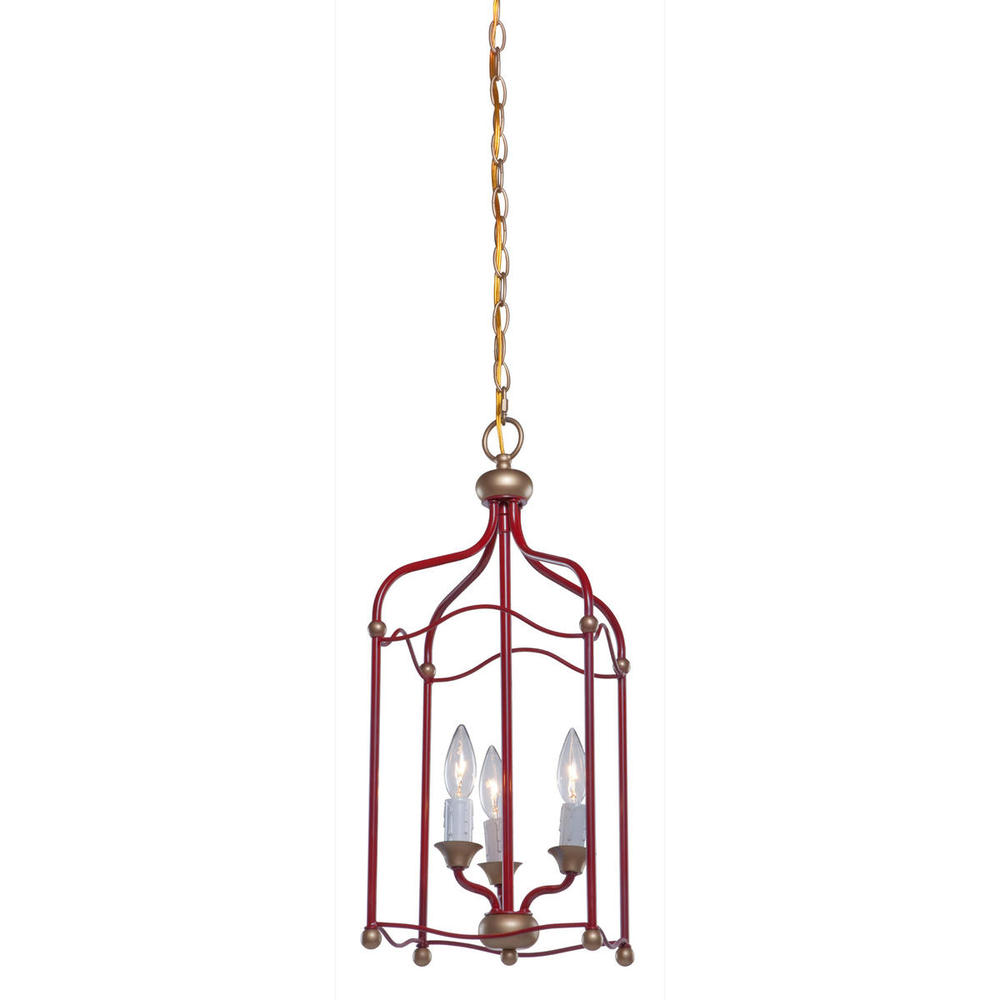 Three Light Dark Red With Gold Accents Open Frame Foyer Hall Fixture