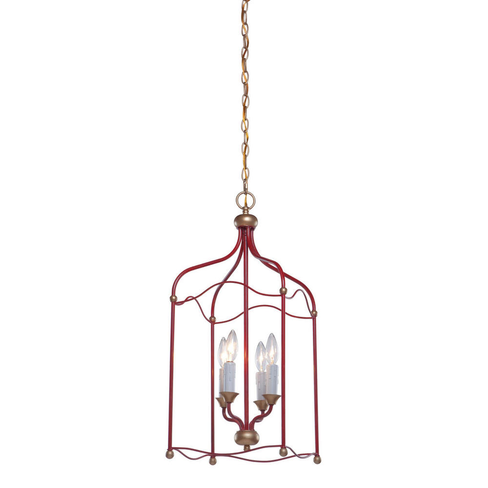 Four Light Dark Red With Gold Accents Open Frame Foyer Hall Fixture