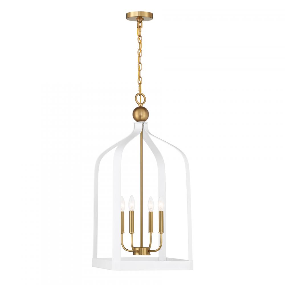 Sheffield 4-Light Pendant in White with Warm Brass Accents