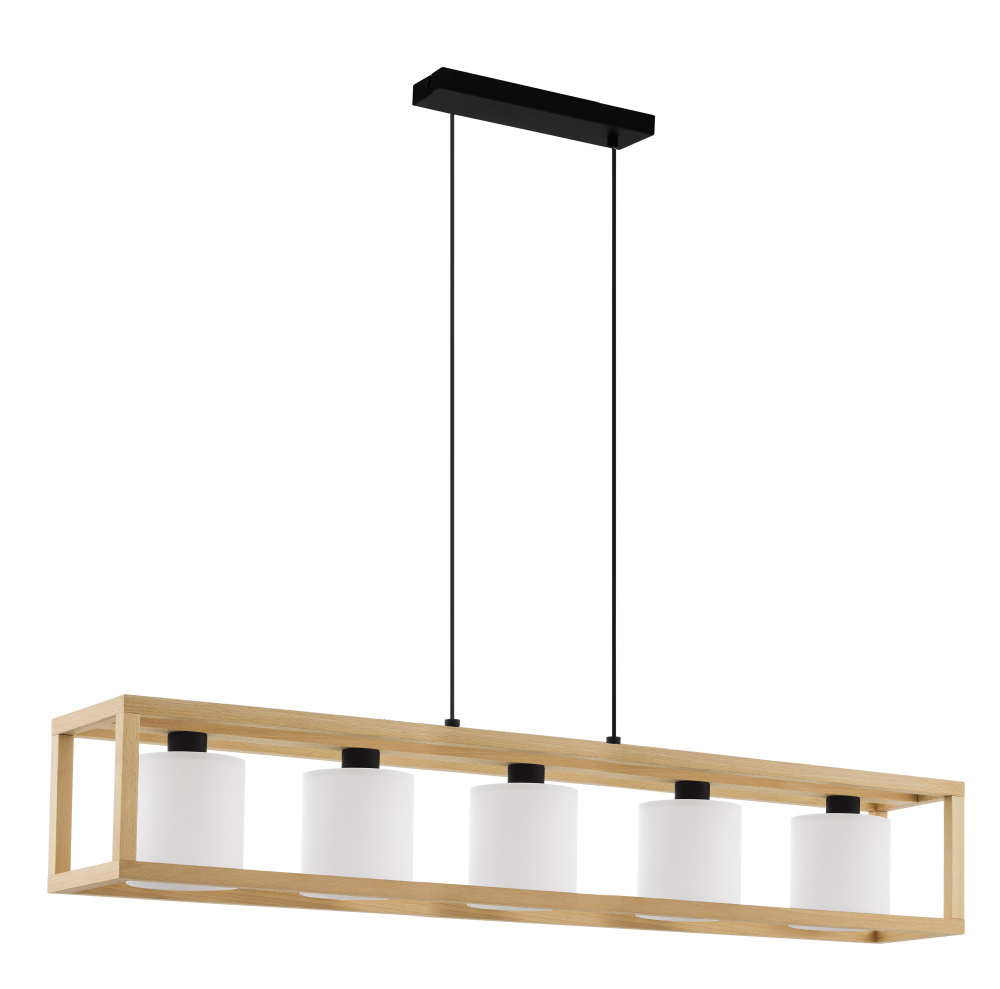 5 LT Linear Pendant w/ Natural Wood Open Frame & White Fabric Shades