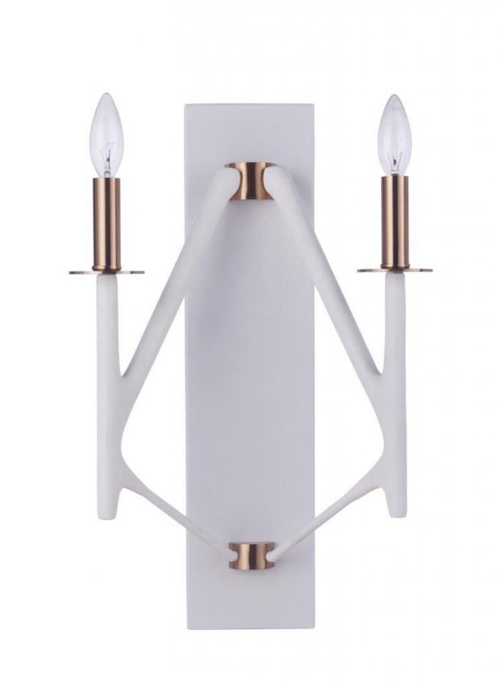 The Reserve 2 Light Wall Sconce in Matte White/Satin Brass