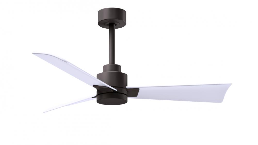 Alessandra 3-blade transitional ceiling fan in textured bronze finish with matte white blades. Optim