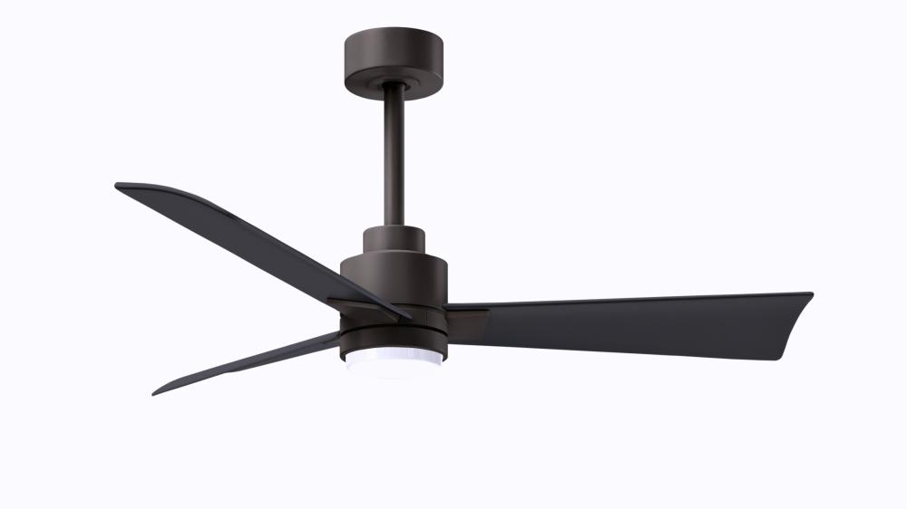 Alessandra 3-blade transitional ceiling fan in textured bronze finish with matte black blades. Optim