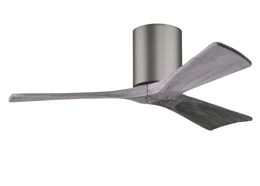 Irene-3H three-blade flush mount paddle fan in Brushed Pewter finish with 42” solid barn wood to