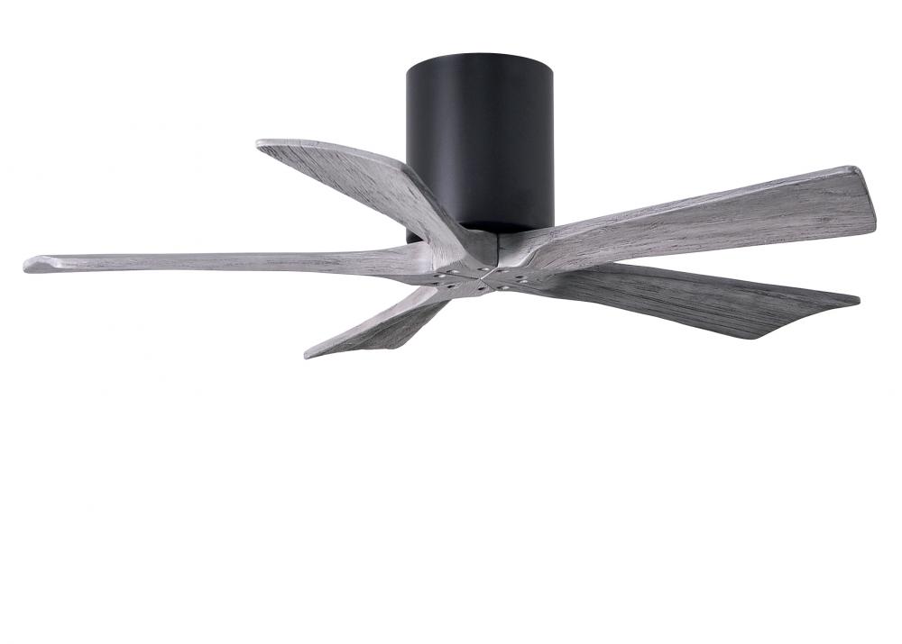 Irene-5H five-blade flush mount paddle fan in Matte Black finish with 42” solid barn wood tone b