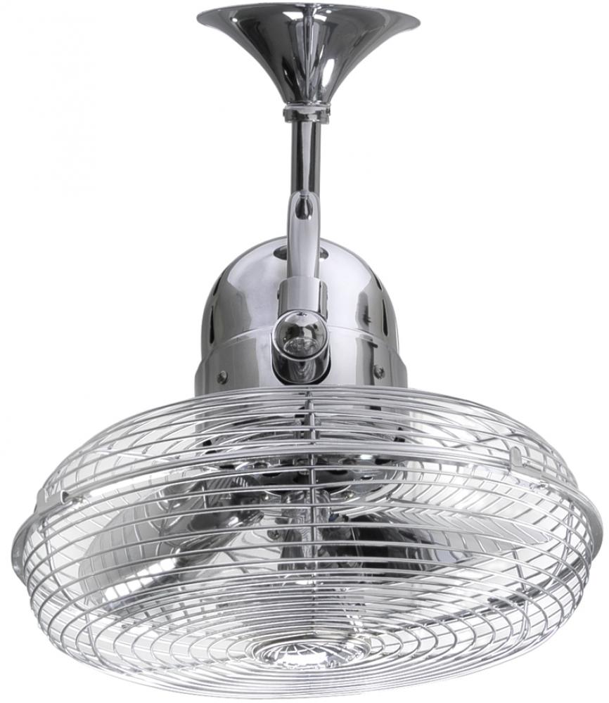 Kaye 90° oscillating 3-speed ceiling or wall fan in polished chrome finish.
