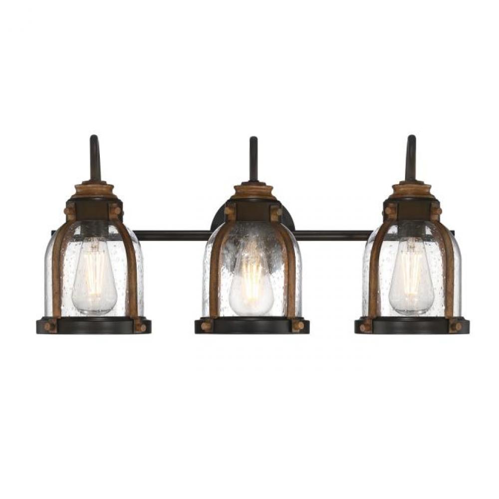 3 Light Wall Fixture Oil Rubbed Bronze Finish with Barnwood Accents Clear Seeded Glass
