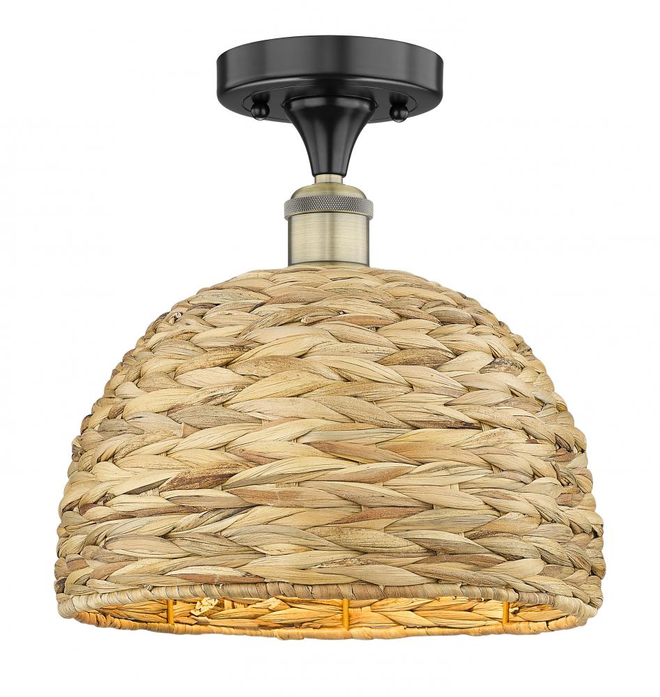 Woven Rattan - 1 Light - 12 inch - Black Antique Brass - Semi-Flush Mount