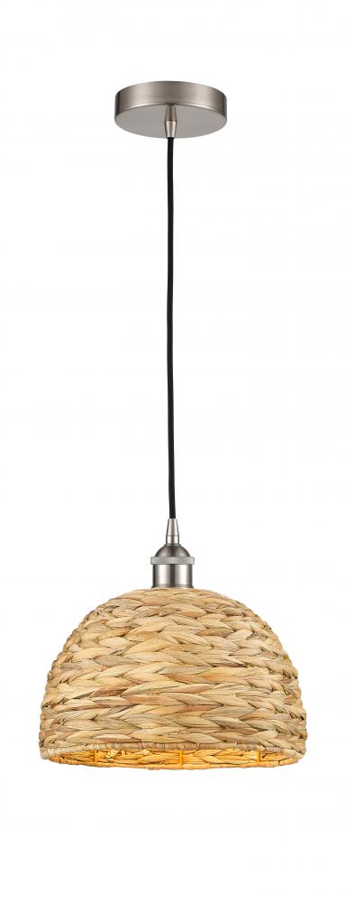 Woven Rattan - 1 Light - 12 inch - Brushed Satin Nickel - Cord hung - Mini Pendant