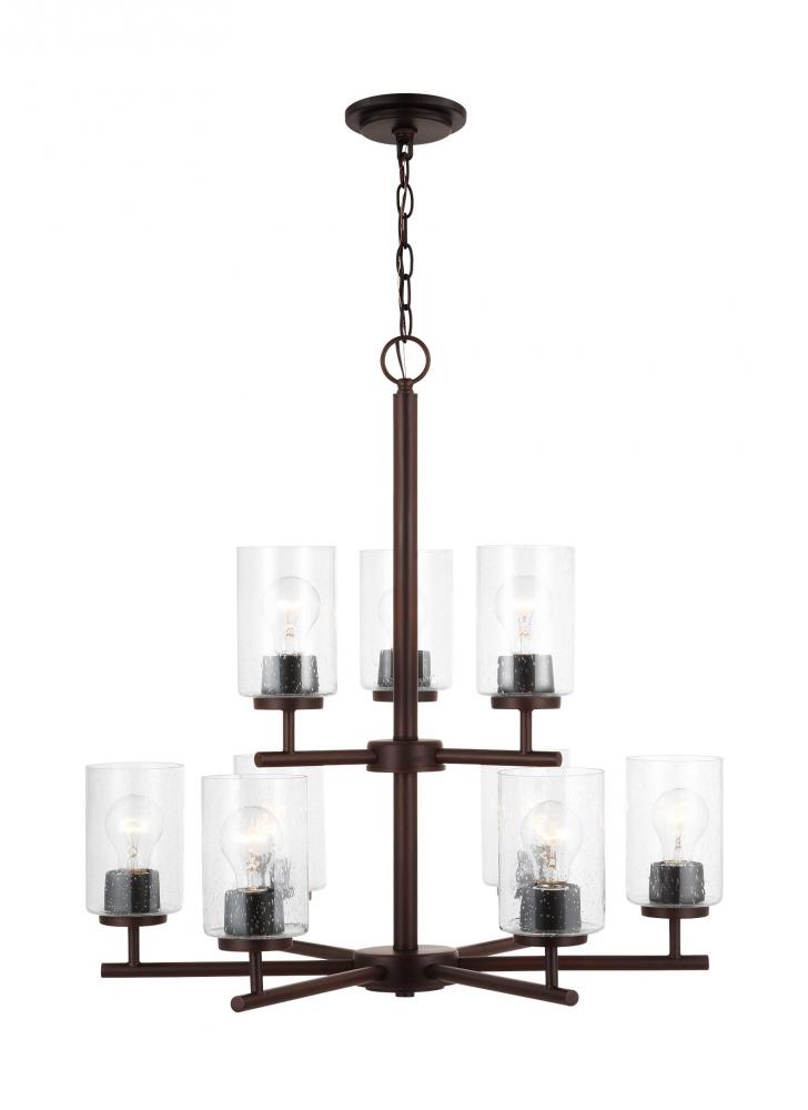Oslo indoor dimmable 9-light chandelier in a bronze finish with a clear seeded glass shade