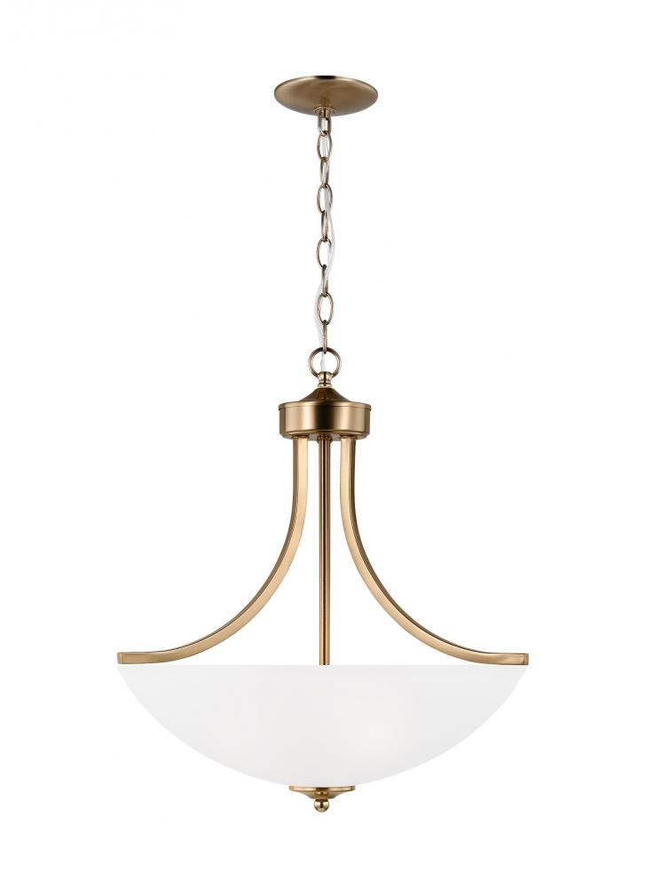 Geary traditional indoor dimmable LED medium 3-light pendant in satin brass with a satin etched glas