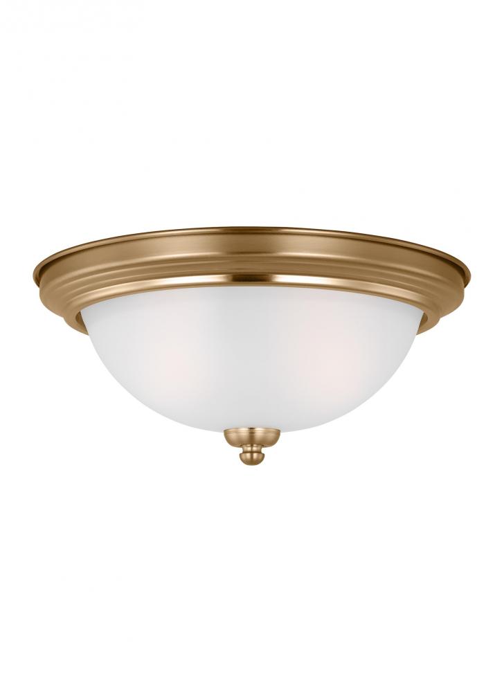 Geary traditional indoor dimmable 2-light ceiling flush mount in satin brass with a satin etched gla