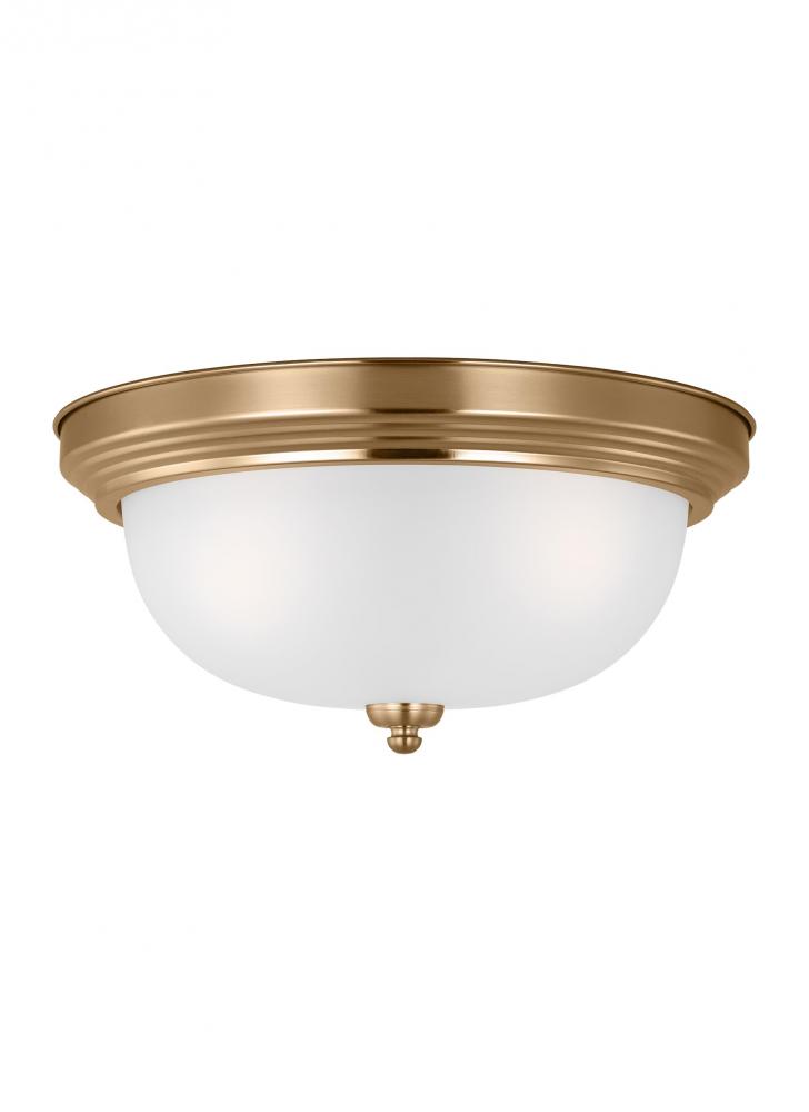 Geary traditional indoor dimmable 3-light ceiling flush mount in satin brass with a satin etched gla