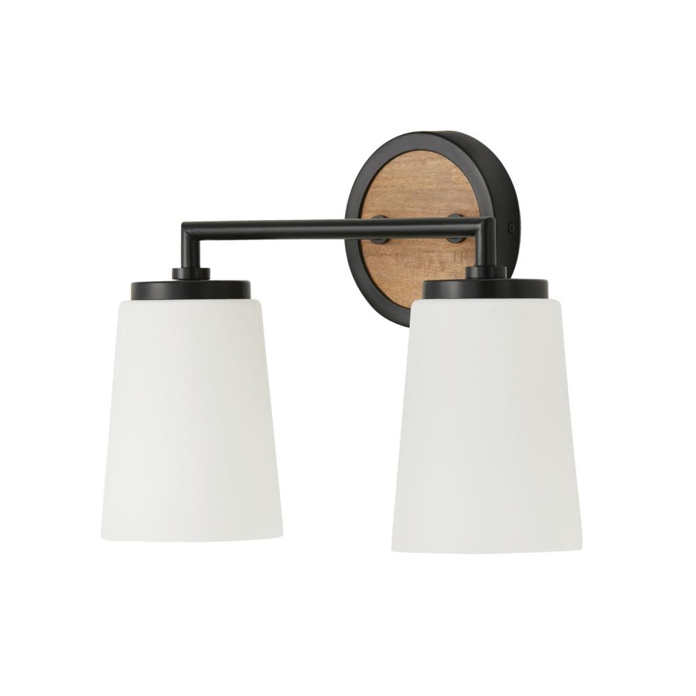 2-Light Vanity in Matte Black and Mango Wood with Soft White Glass