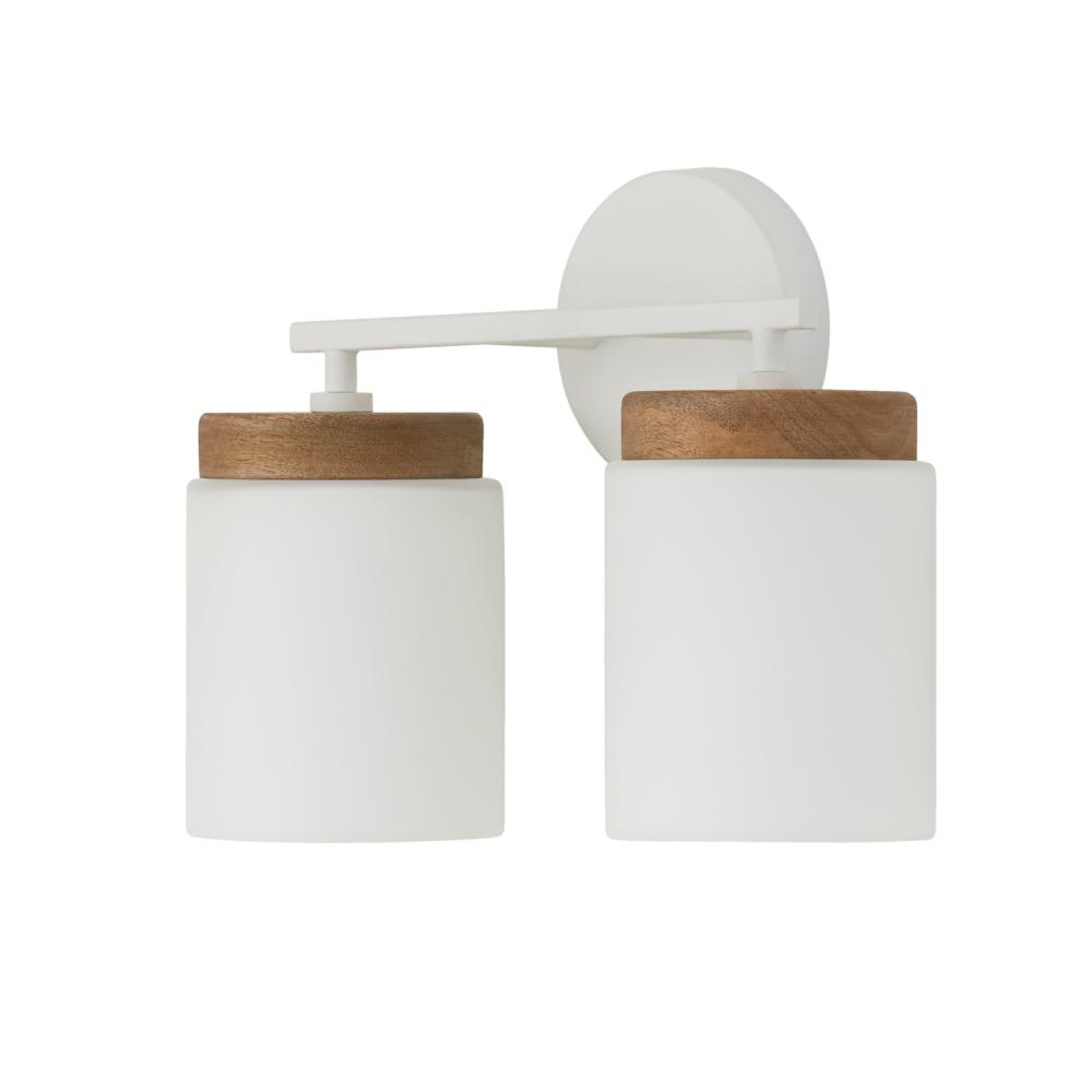 2-Light Cylindrical Vanity in White with Mango Wood and Soft White Glass