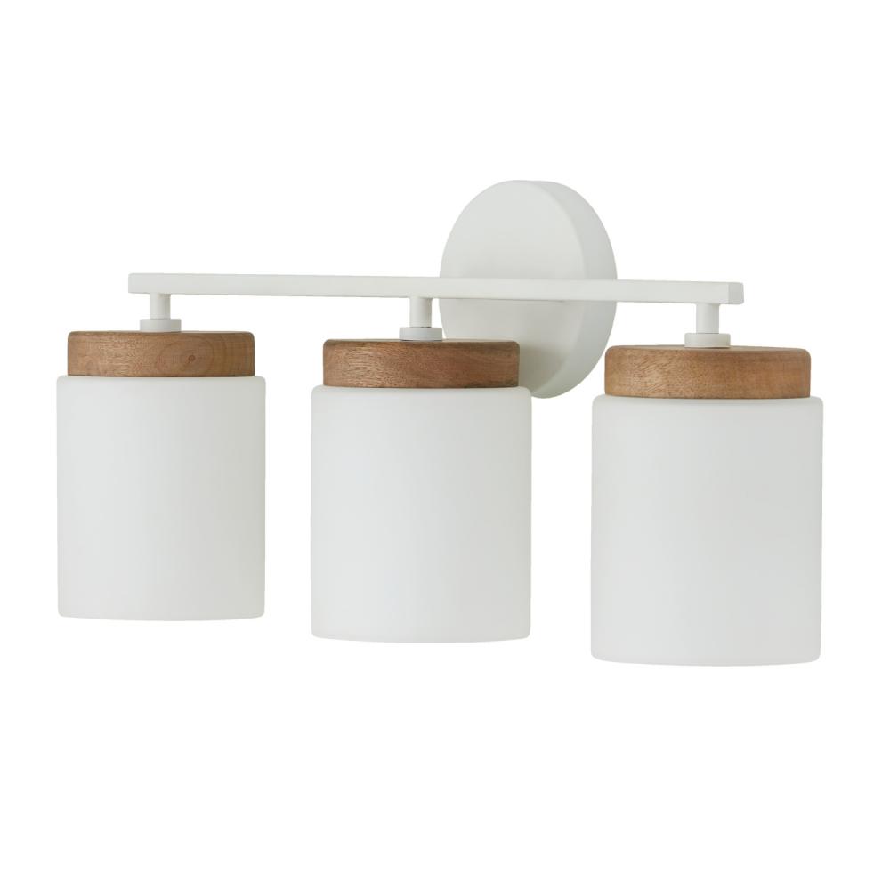 3-Light Cylindrical Vanity in White with Mango Wood and Soft White Glass