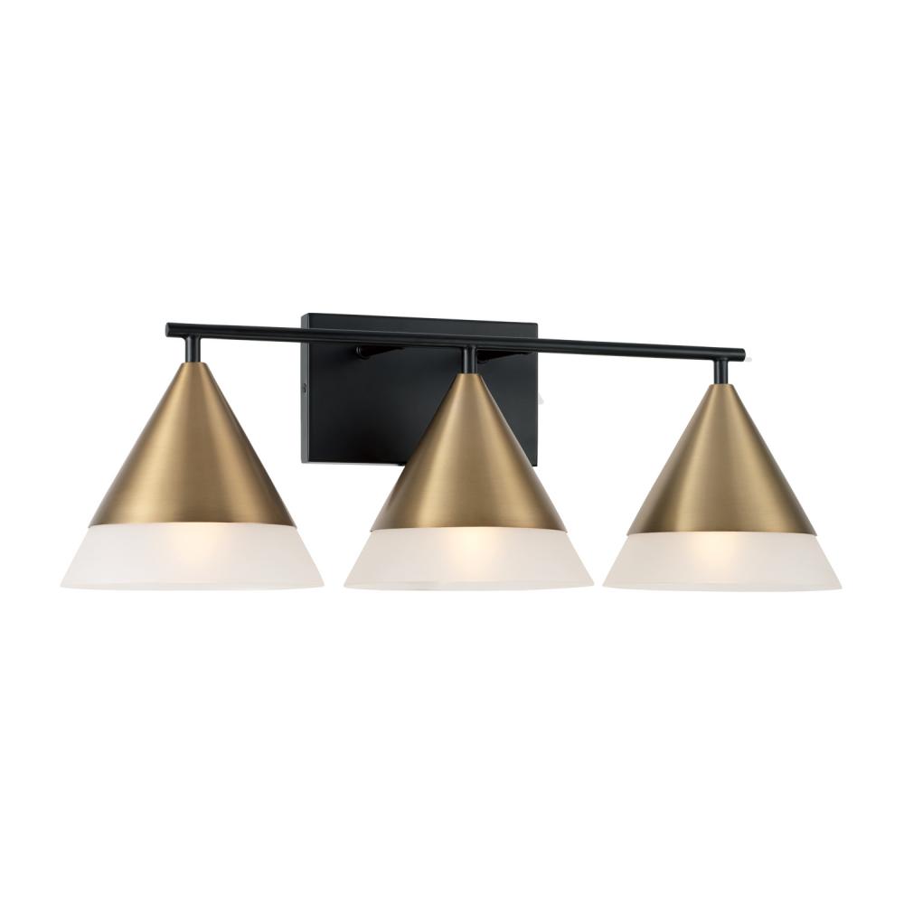 3-Light Cone Vanity in Black with Aged Brass and Frosted Glass Shades