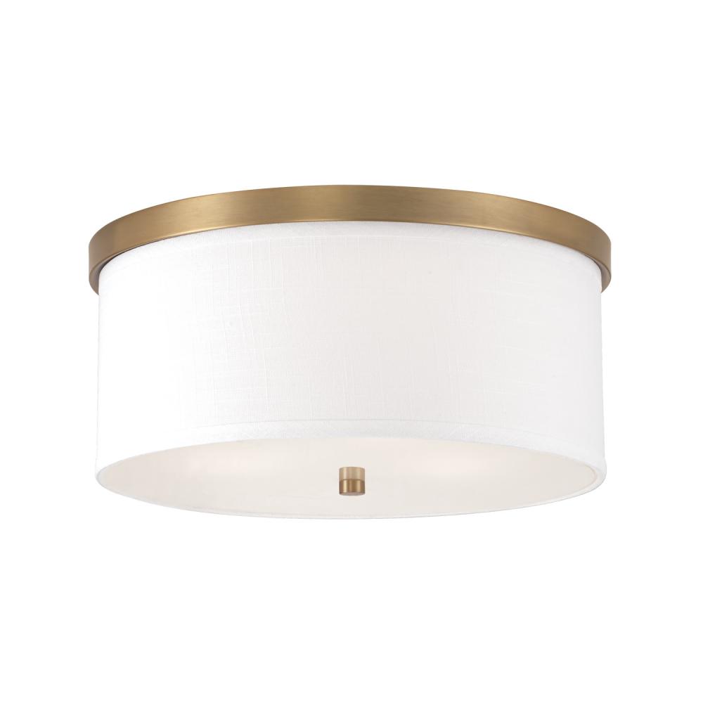 3-Light Flush Mount in Aged Brass - White Fabric Drum Shade with Diffuser