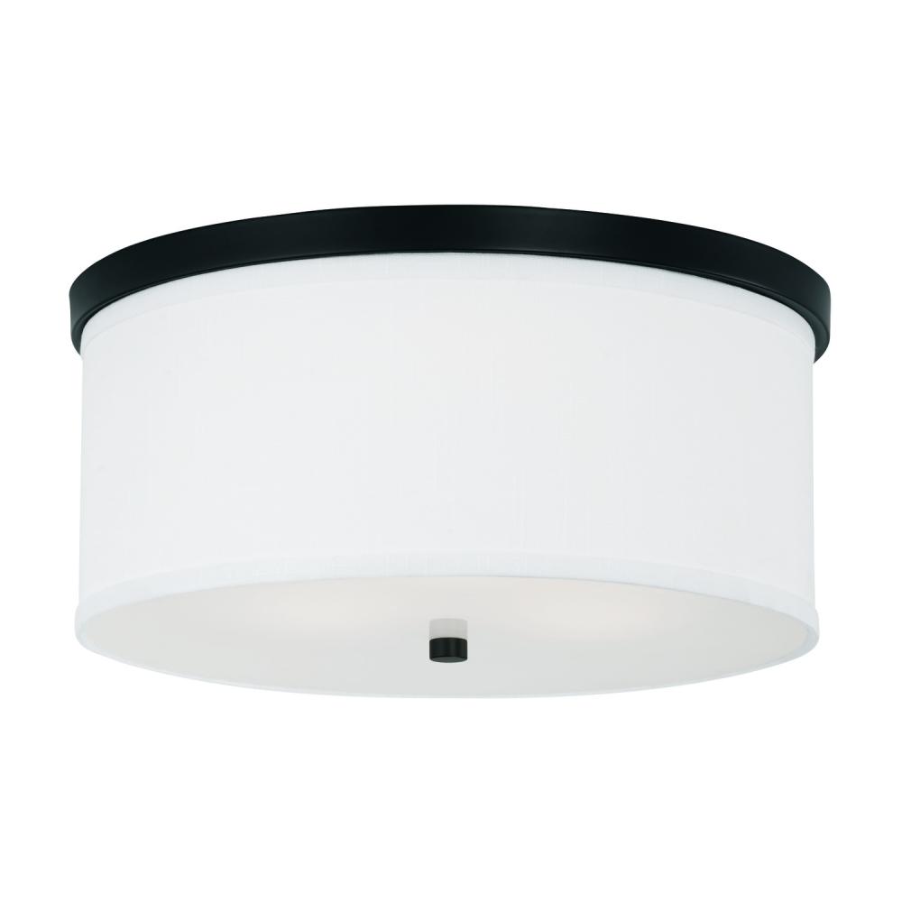 3-Light Flush Mount in Matte Black with White Fabric Drum Shade with Diffuser
