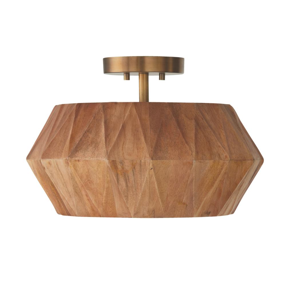 1-Light Convertible Semi-Flush Pendant in Hand-distressed Patinaed Brass and Handcrafted Mango Wood