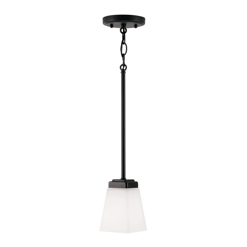 1-Light Pendant in Matte Black with Soft White Glass Shade