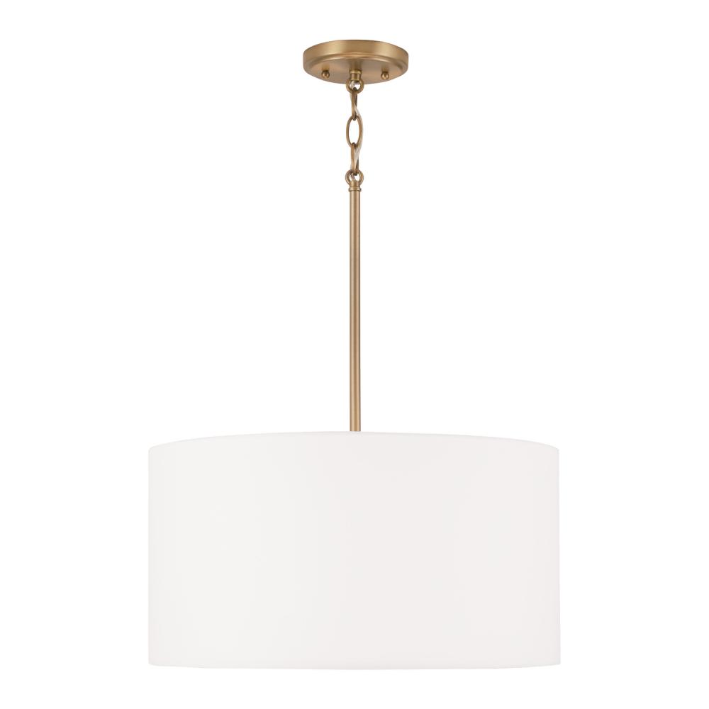 3-Light Pendant in Aged Brass with White Fabric Drum Shade and Acrylic Diffuser