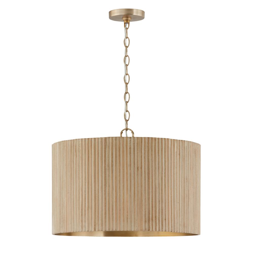 3-Light Pendant in Matte Brass and Handcrafted Mango Wood in White Wash