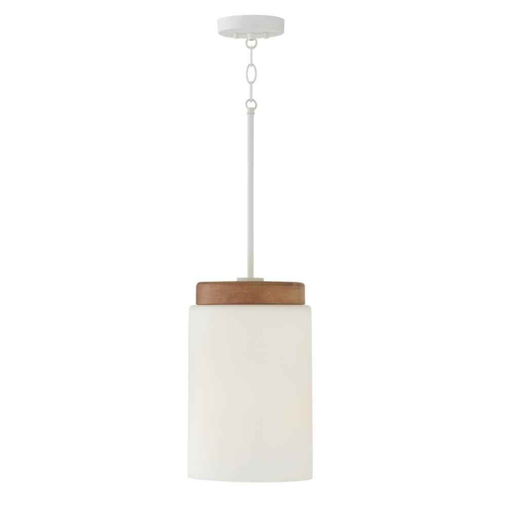 1-Light Cylindrical Pendant in White with Mango Wood and Soft White Glass
