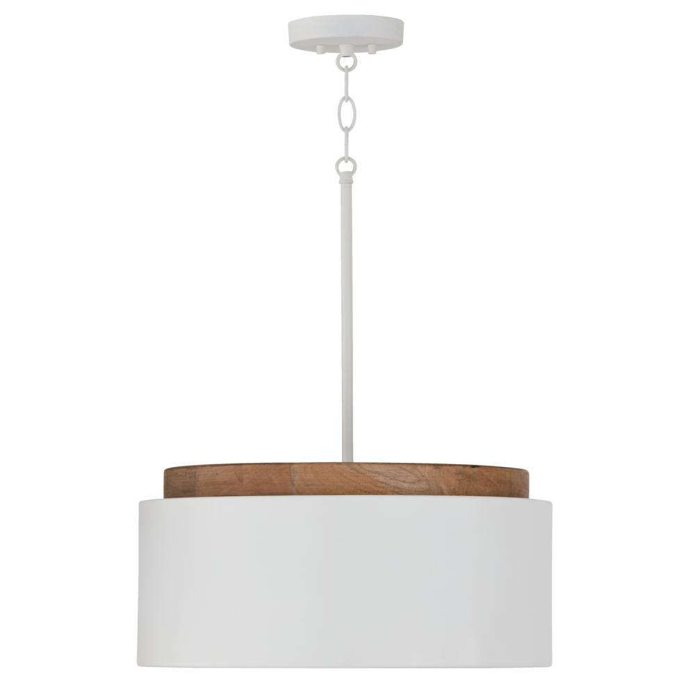 1-Light Drum Pendant in White with Mango Wood and Matte White Metal Shade