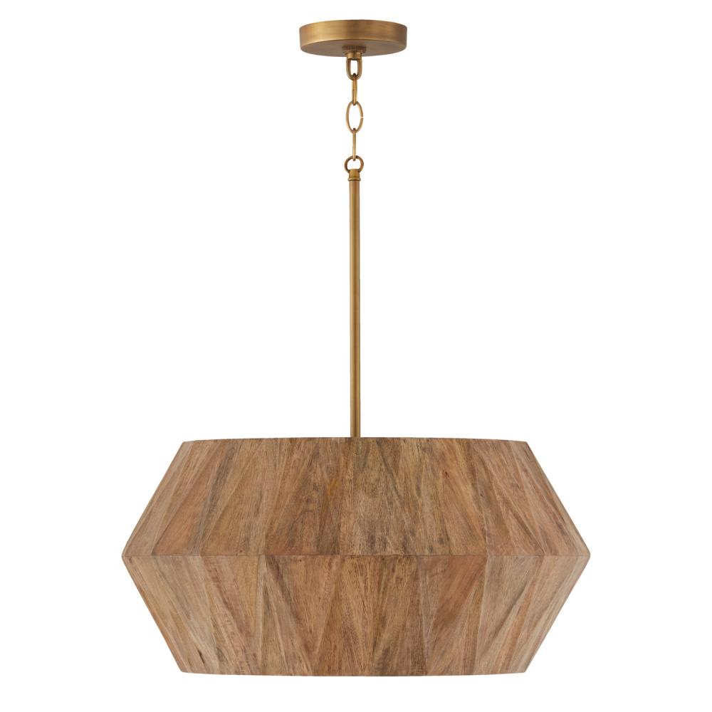 4-Light Pendant in Hand-distressed Patinaed Brass and Handcrafted Mango Wood