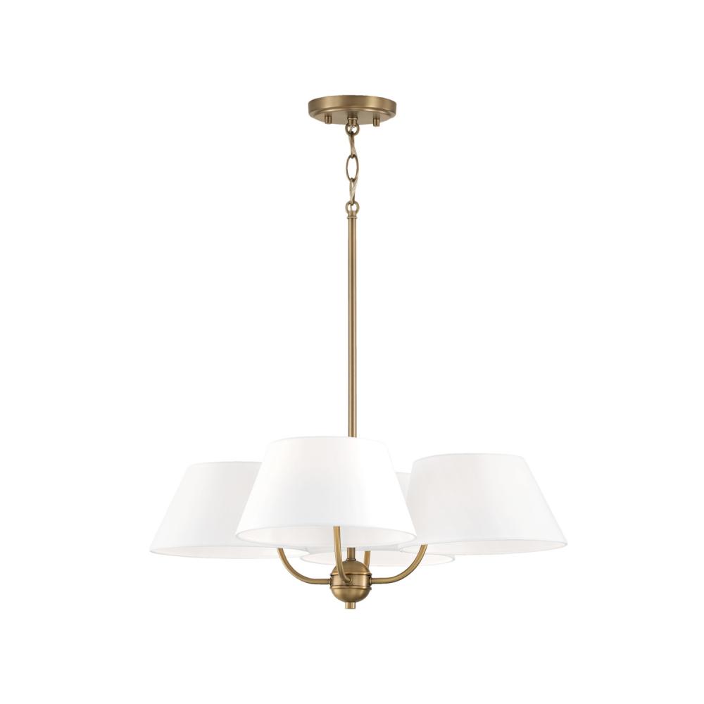 4-Light Low-Profile Chandelier Semi-Flush in Aged Brass with White Fabric Shades