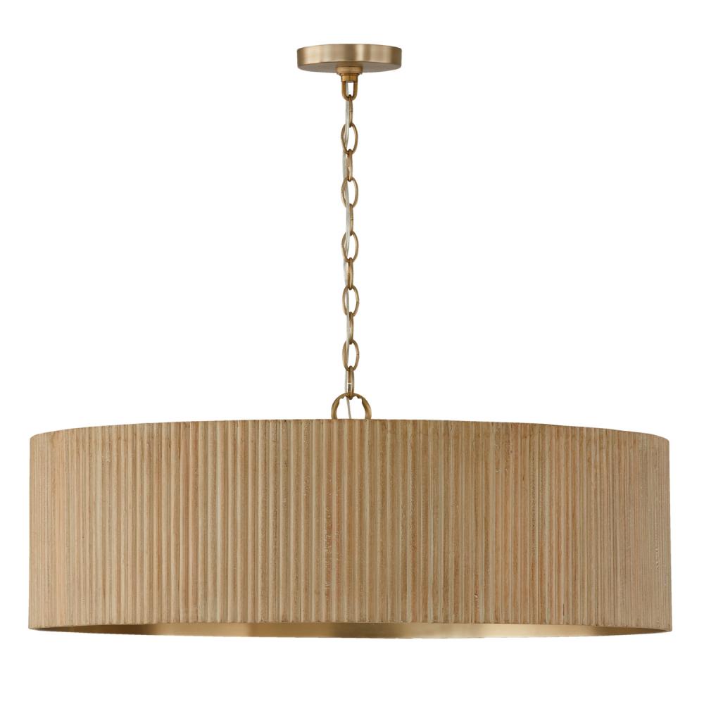 4-Light Chandelier in Matte Brass and Handcrafted Mango Wood in White Wash