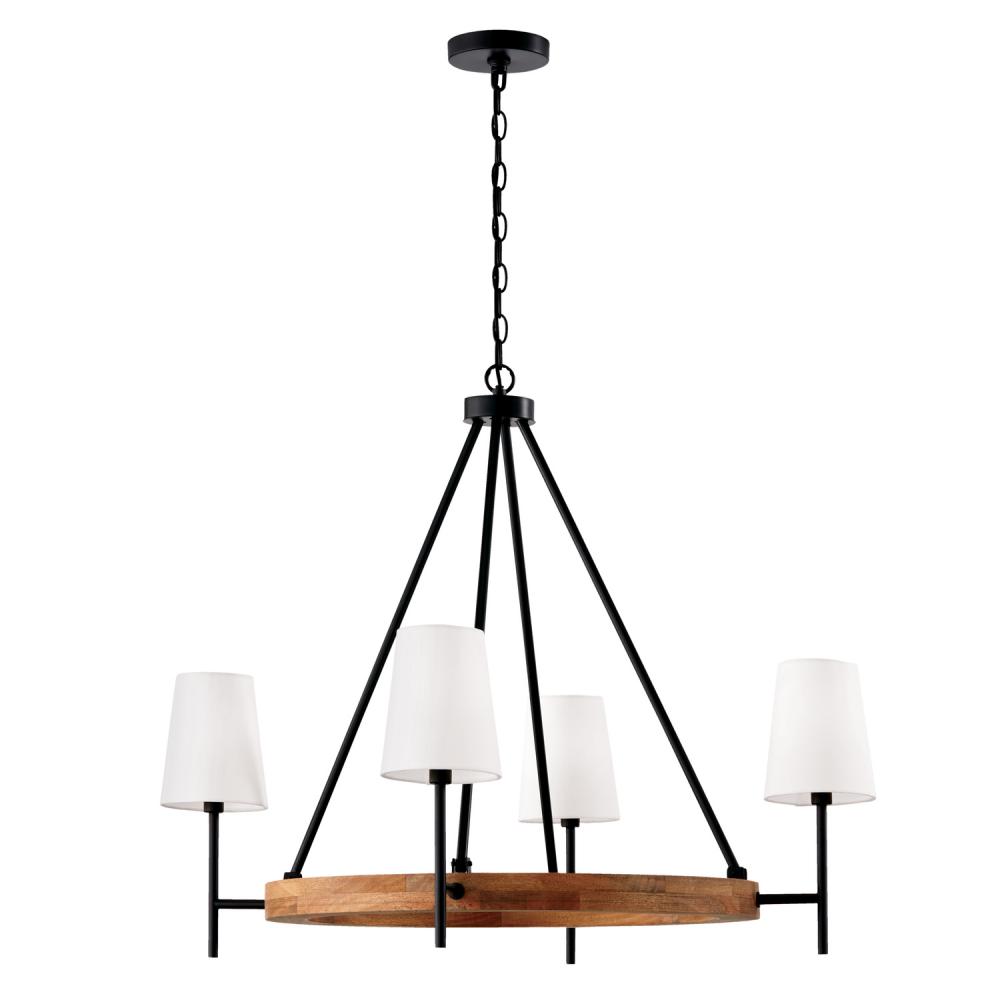 4-Light Chandelier in Matte Black and Mango Wood with Removable White Fabric Shades