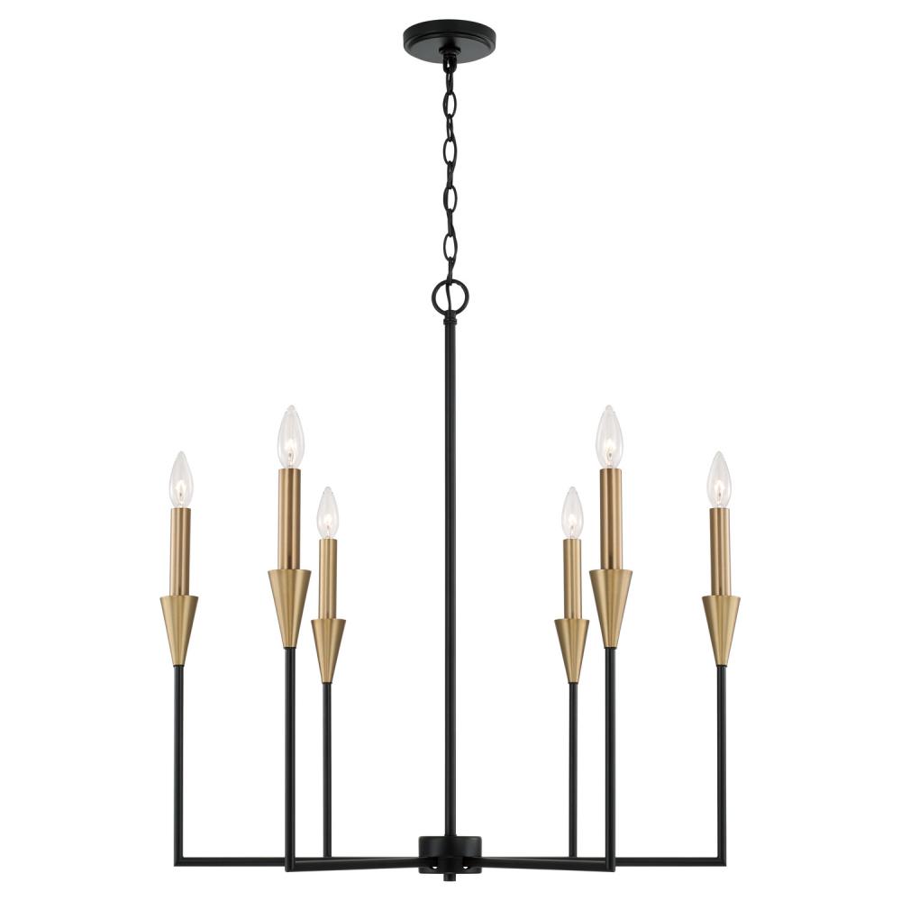 6-Light Chandelier in Black and Aged Brass with Interchangeable White or Aged Brass Candle Sleeves