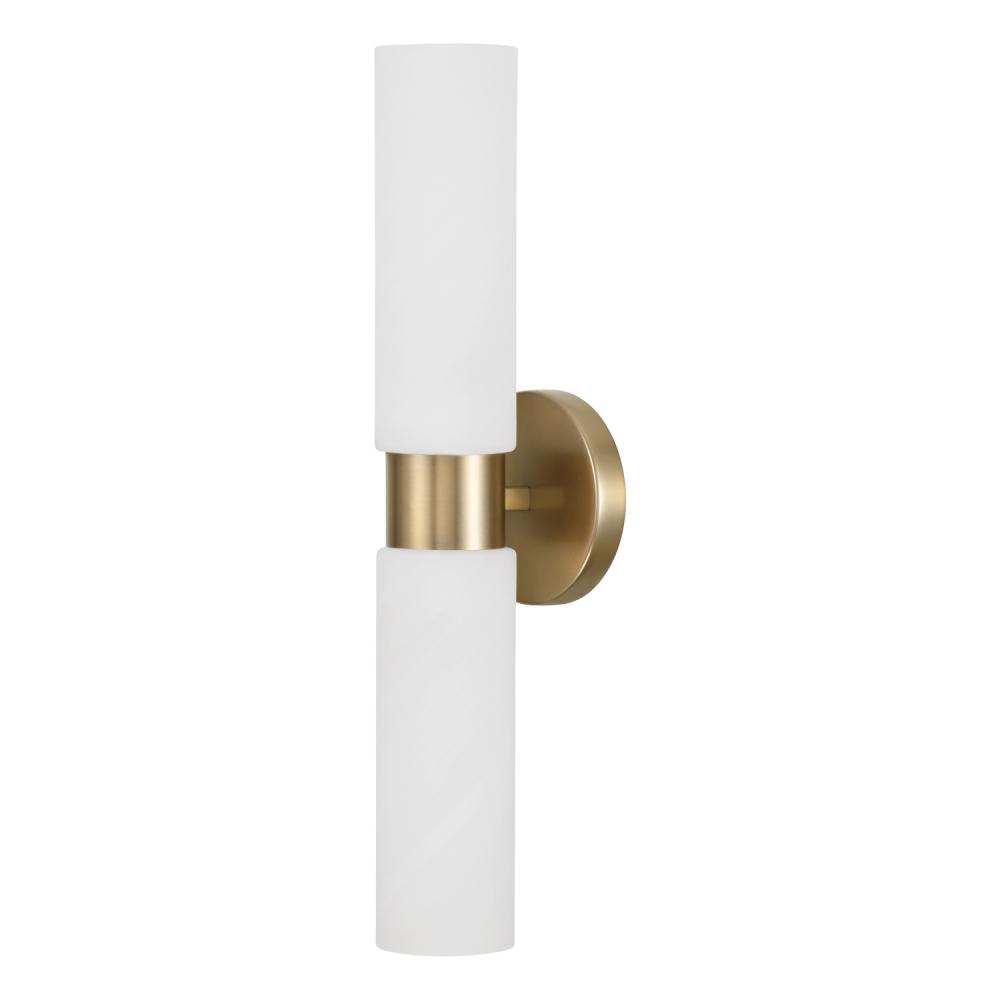 2-Light Cylindrical Linear Bath Bar Sconce in Aged Brass with Faux Alabaster Glass